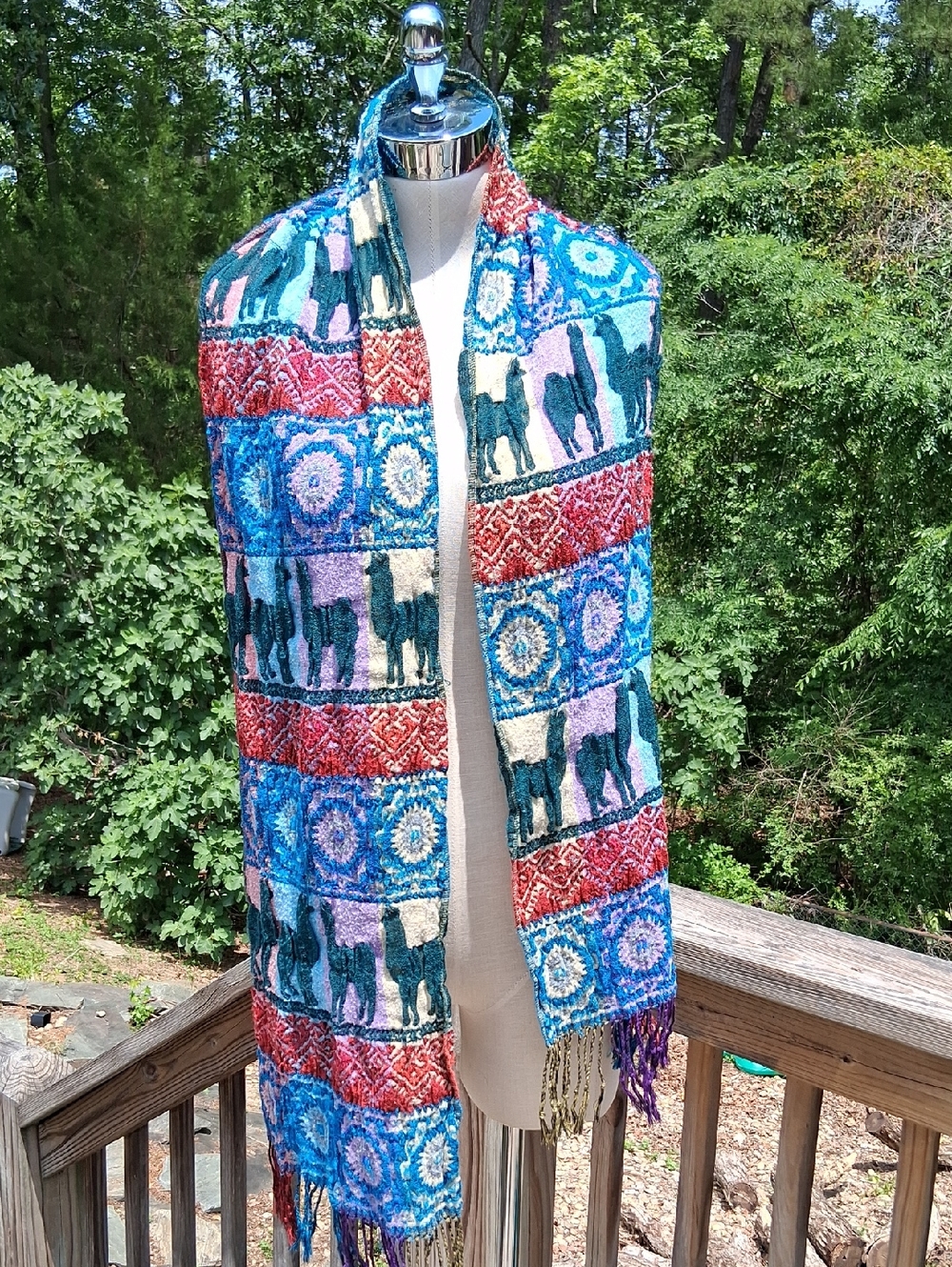 Colorful Llama or Alpaca Patterned Woven Scarf, Textured, Bold Colors